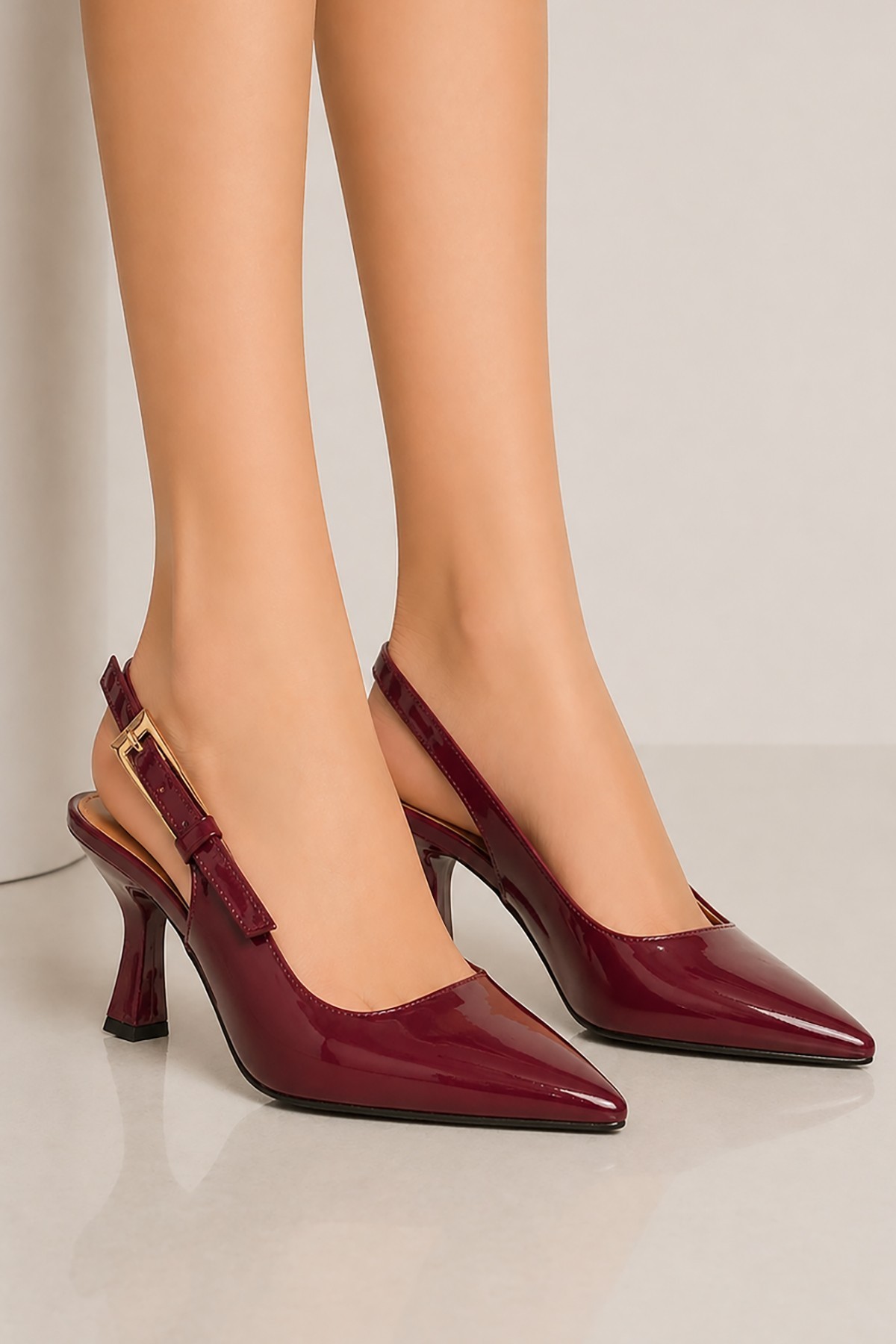 Bluefeet Bordo Sivri Burun Rugan 8 Cm Kadın Topuklu Ayakkabı