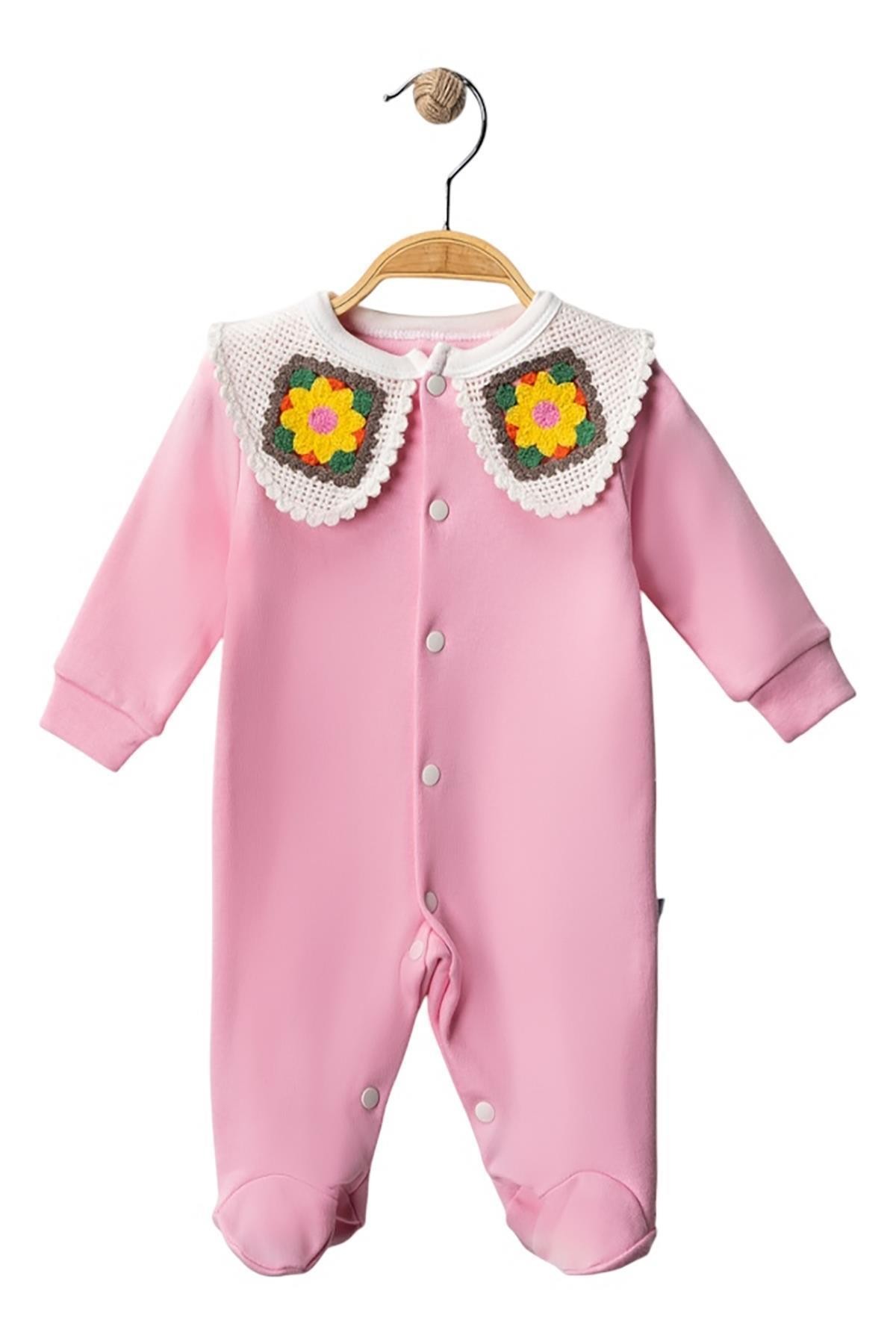 Bluefeet Pembe Çiçek Örgü Yakalı Tulum 3 Ay,6 Ay Kız Bebek
