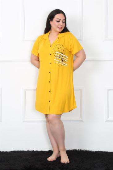 Hkursat Büyük Beden Penye Düğmeli Sarı Tunik Gecelik 1025