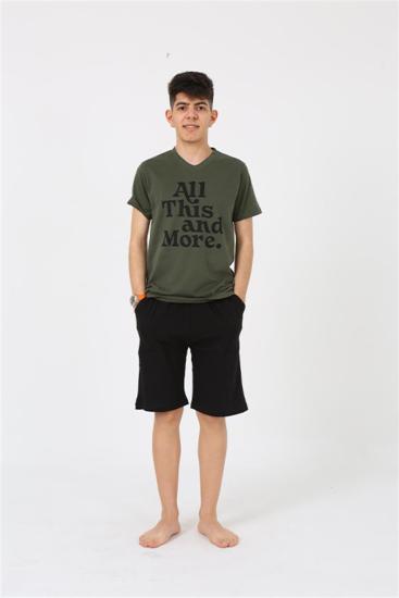 Hkursat Erkek Genç Garson Boy Kısa Kol Haki Penye Şortlu Pijama Takımı 20377