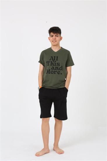 Hkursat Erkek Genç Garson Boy Kısa Kol Haki Penye Şortlu Pijama Takımı 20377