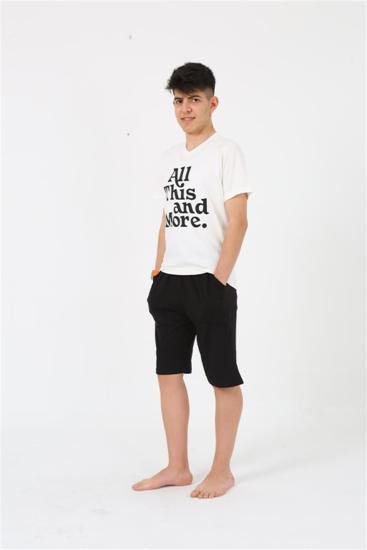 Hkursat Erkek Genç Garson Boy Kısa Kol Ekru Penye Şortlu Pijama Takımı 20377