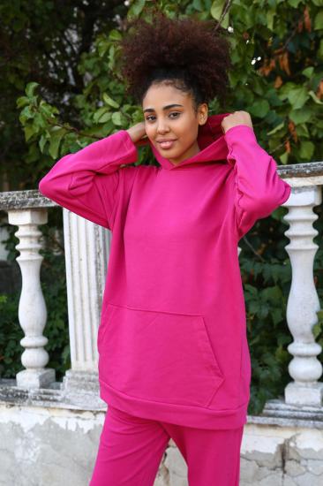 Hkursat Kadın Pamuk Kapşonlu Cepli 3 İplik Fuşya Eşofman Takım 9037