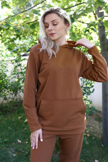 Hkursat Kadın Pamuk Kapşonlu Cepli 3 İplik Kahve Eşofman Takım 9037