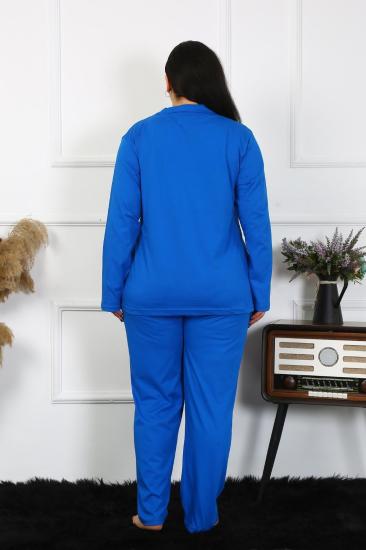 Hkursat Kadın Büyük Beden Pamuklu Cepli Düğmeli Saks Pijama Takım 202401