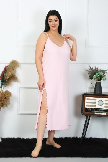 Hkursat Kadın Büyük Beden İp Askılı Pamuklu Pembe Uzun Gecelik 12100