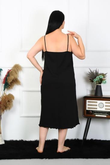 Hkursat Kadın Büyük Beden İp Askılı Pamuklu Siyah Uzun Gecelik 12100