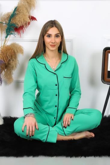 Hkursat Kadın Pamuk Penye Önden Düğmeli Uzun Kol Yeşil Pijama Takım 2782