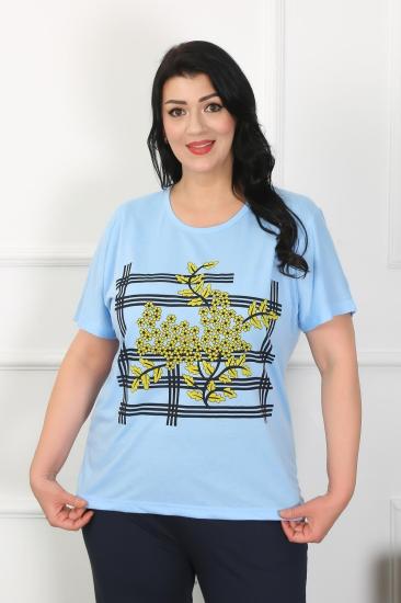 Hkursat Kadın Büyük Beden Mavi Pijama Takımı 202402