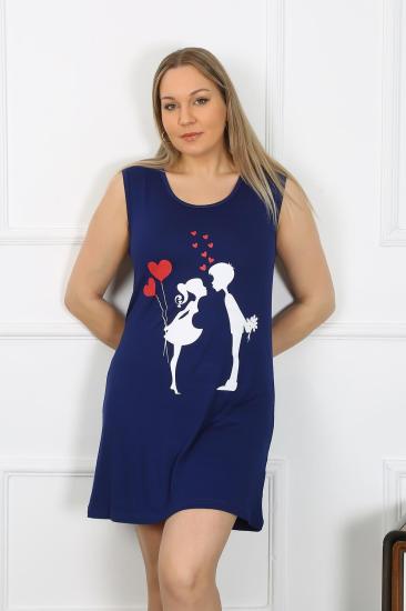 Hkursat Kadın Büyük Beden Kalın Askılı Penye Diz Üstü Lacivert Gecelik 12501