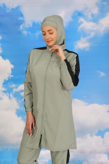 Hkursat Kadın Pantolonlu Kolu Şeritli Tam Tesettür Mayo Su Yeşili 31065