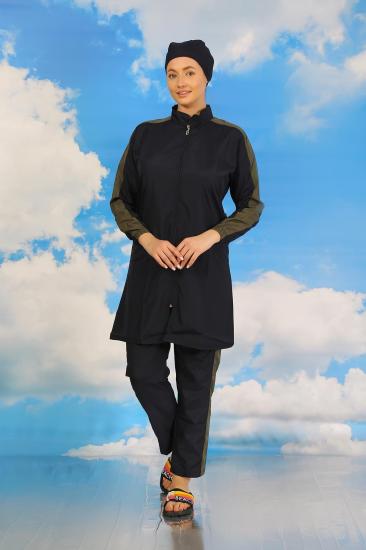 Hkursat Kadın Pantolonlu Kolu Şeritli Tam Tesettür Mayo Lacivert 31065