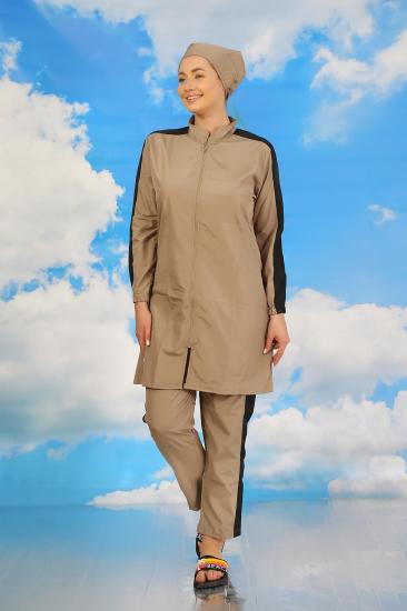 Hkursat Kadın Pantolonlu Kolu Şeritli Tam Tesettür Mayo Bej 31066