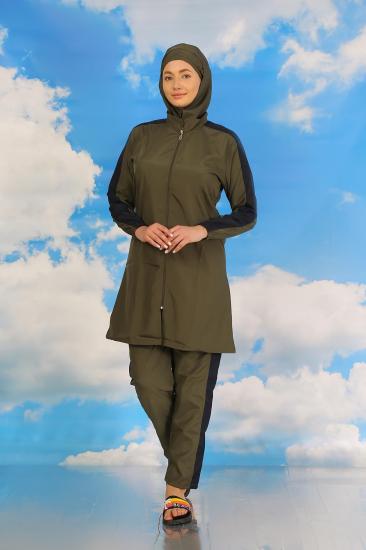 Hkursat Kadın Pantolonlu Kolu Şeritli Tam Tesettür Mayo Haki 31066