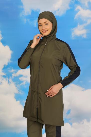 Hkursat Kadın Pantolonlu Kolu Şeritli Tam Tesettür Mayo Haki 31066