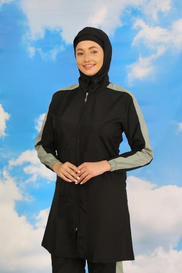 Hkursat Kadın Pantolonlu Kolu Şeritli Tam Tesettür Mayo Siyah 31066