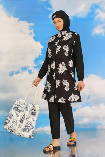 Hkursat Kadın Pantolonlu Desenli Tam Tesettür Mayo Siyah 31070
