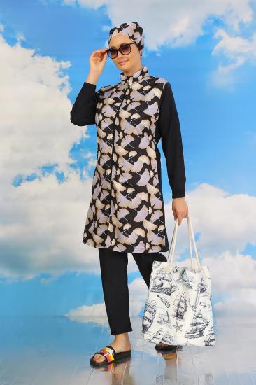 Hkursat Kadın Pantolonlu Desenli Tam Tesettür Mayo Lacivert 31070