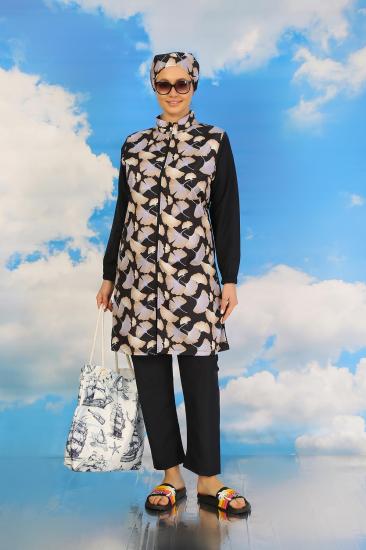 Hkursat Kadın Pantolonlu Desenli Tam Tesettür Mayo Lacivert 31070