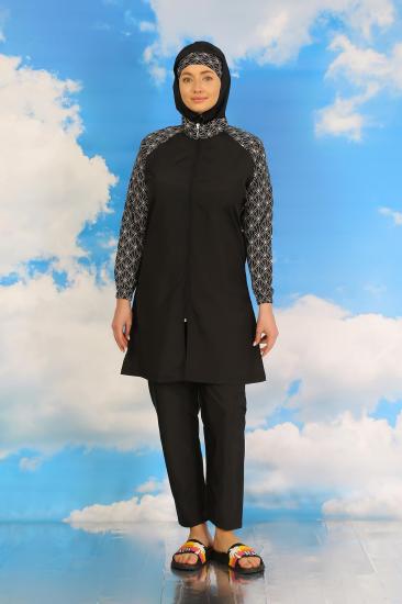 Hkursat Kadın Pantolonlu Desenli Tam Tesettür Mayo Siyah 31072