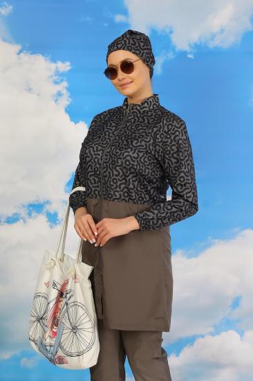 Hkursat Kadın Pantolonlu Desenli Tam Tesettür Mayo Füme 31074