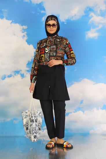 Hkursat Kadın Pantolonlu Desenli Tam Tesettür Mayo Lacivert 31074