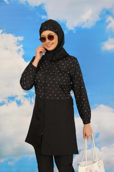 Hkursat Kadın Pantolonlu Desenli Tam Tesettür Mayo Siyah 31074