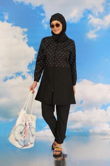 Hkursat Kadın Pantolonlu Desenli Tam Tesettür Mayo Siyah 31074