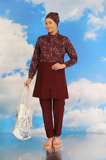 Hkursat Kadın Pantolonlu Desenli Tam Tesettür Mayo Bordo 31075