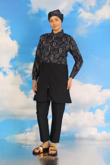 Hkursat Kadın Pantolonlu Desenli Tam Tesettür Mayo Lacivert 31075