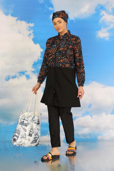 Hkursat Kadın Pantolonlu Desenli Tam Tesettür Mayo Siyah 31075