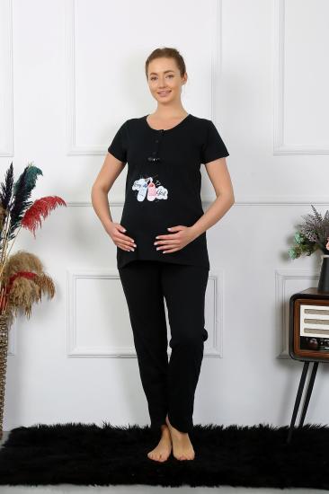 Hkursat Kadın Kısa Kol Hamile Lohusa Pijama Takımı Siyah 45210