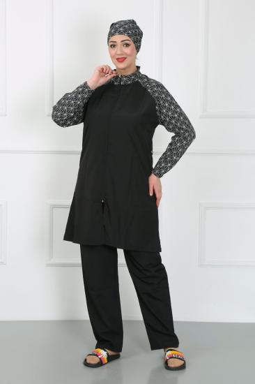 Hkursat Büyük Beden Desenli Tesettür Mayo Siyah 44030
