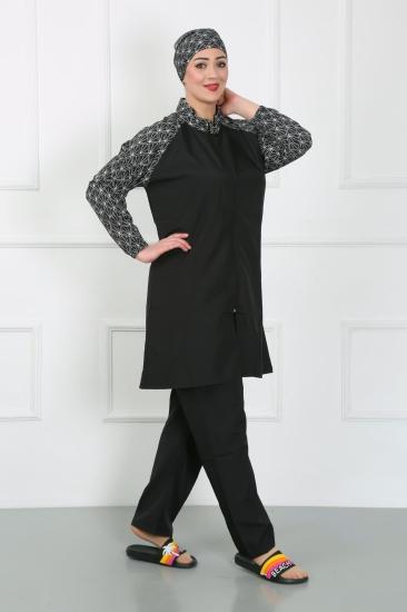 Hkursat Büyük Beden Desenli Tesettür Mayo Siyah 44030