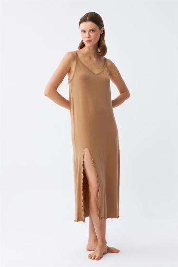 Hkursat Kadın İp Askılı Yırtmaçlı Uzun Sütlü Kahve Gecelik 90119