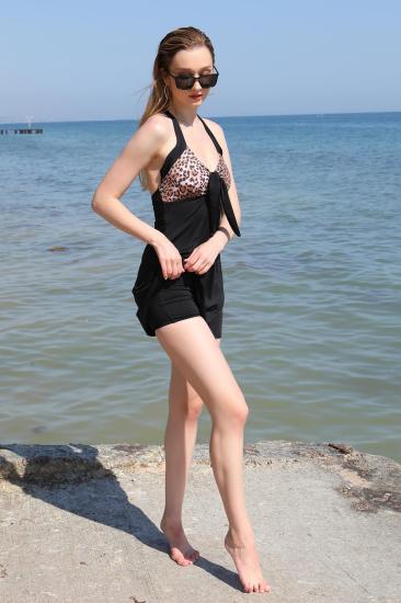 Hkursat Kadın Likralı Şortlu Fiyonklu Elbise Mayo Siyah 37023