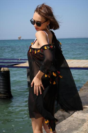 Hkursat Kadın İşlemeli Tunik Pareo Plaj Elbisesi Siyah 38045