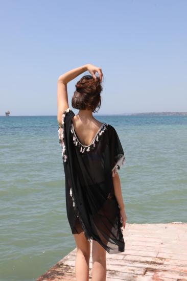 Hkursat Kadın Püsküllü Tunik Pareo Plaj Elbisesi Siyah 38050