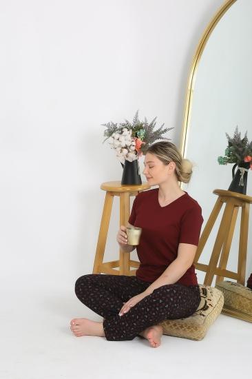 Hkursat Kadın Kısa Kol Pamuk Penye Pijama Takım Bordo 4214