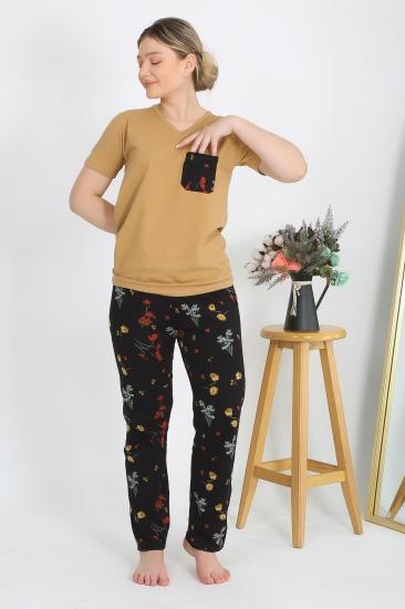 Hkursat Kadın Kısa Kol Pamuk Penye Pijama Takım Hardal 4214