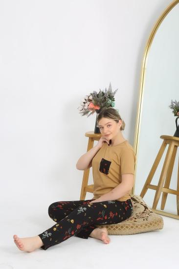 Hkursat Kadın Kısa Kol Pamuk Penye Pijama Takım Hardal 4214