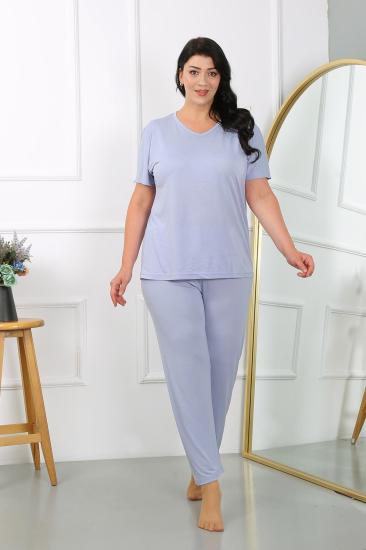 Hkursat Kadın Büyük Beden  Kısa Kol Penye Pijama Takımı Lila 202405