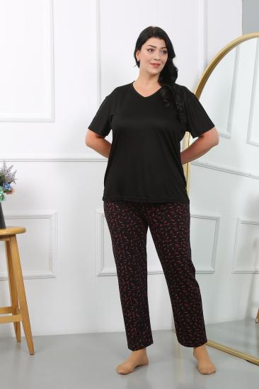 Hkursat Kadın Büyük Beden  Kısa Kol Penye Pijama Takımı Siyah 202406
