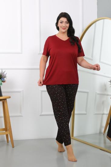 Hkursat Kadın Büyük Beden  Kısa Kol Penye Pijama Takımı Bordo 202406