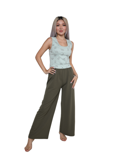 Hkursat Kadın Kalın Askılı Body Bol Paça Pantolon 2`li Takım Su Yeşili 4217