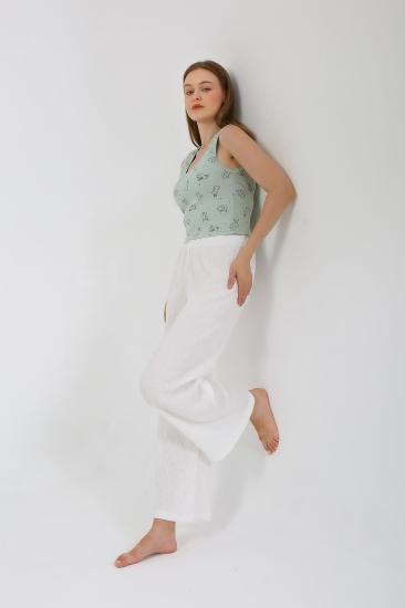 Hkursat Kadın Kalın Askılı Body Bol Paça Pantolon 2`li Takım Beyaz 4219