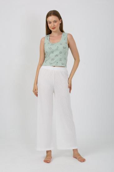 Hkursat Kadın Kalın Askılı Body Bol Paça Pantolon 2`li Takım Beyaz 4219