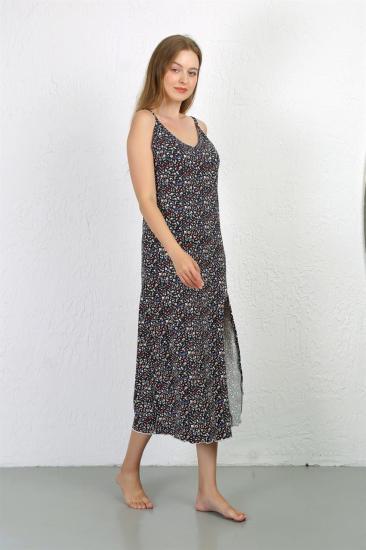 Hkursat İp Askılı Uzun Yırtmaçlı Penye Gecelik 90129 Lacivert