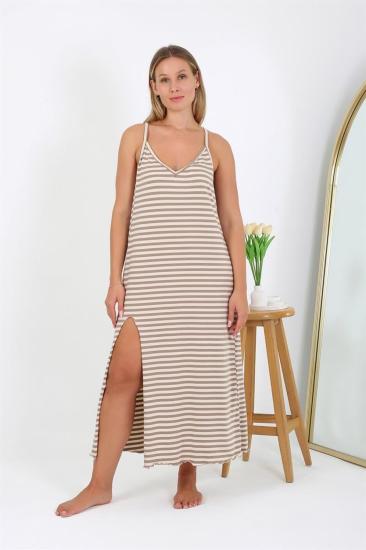 Hkursat Kadın Büyük Beden İp Askılı Uzun Gecelik 12109 Sütlü Kahve