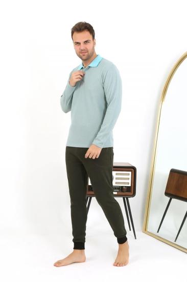 Hkursat Erkek Polo Yaka Uzun Kol Penye Pijama Takımı 6862 Su Yeşili